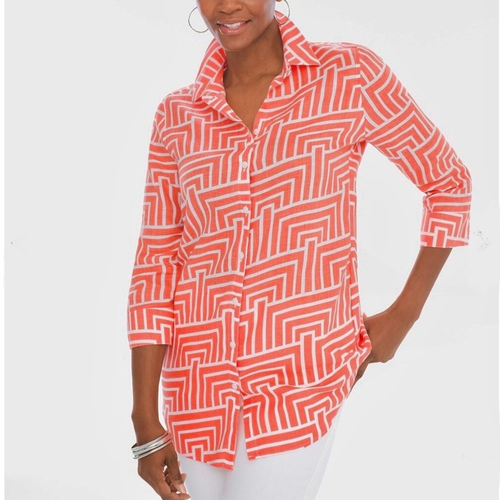 Chicos linen coral orange and white geometric design 3/4 sleeve tunic - Picture 5 of 16